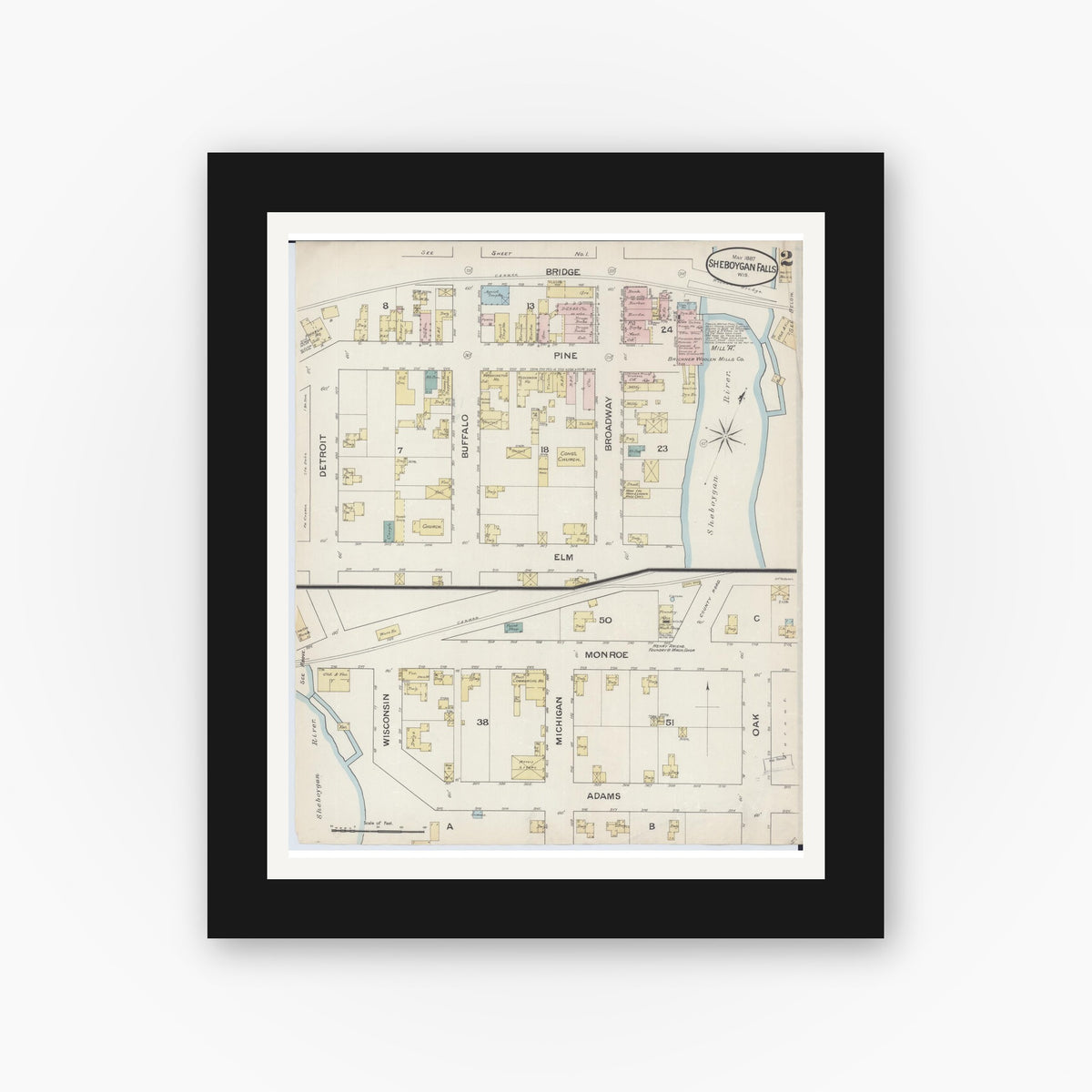 Old map wall art mockup — black gallery frame with white mat — Sanborn Fire Insurance Map from Sheboygan Falls, Sheboygan County, Wisconsin (1887), Sheet #0002