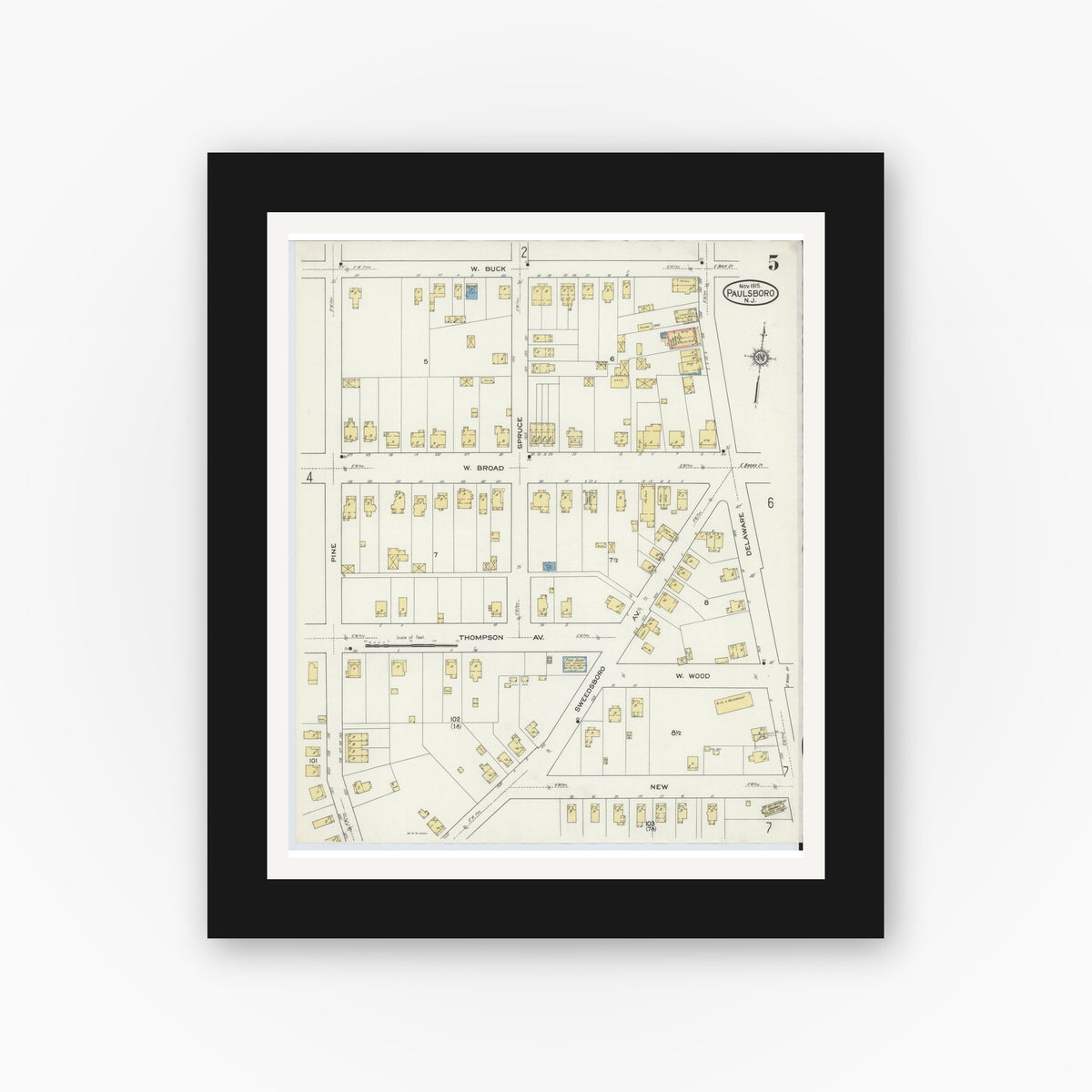 Old map wall art mockup — black gallery frame with white mat — Sanborn Fire Insurance Map from Paulsboro, Gloucester County, New Jersey (1915), Sheet #0005