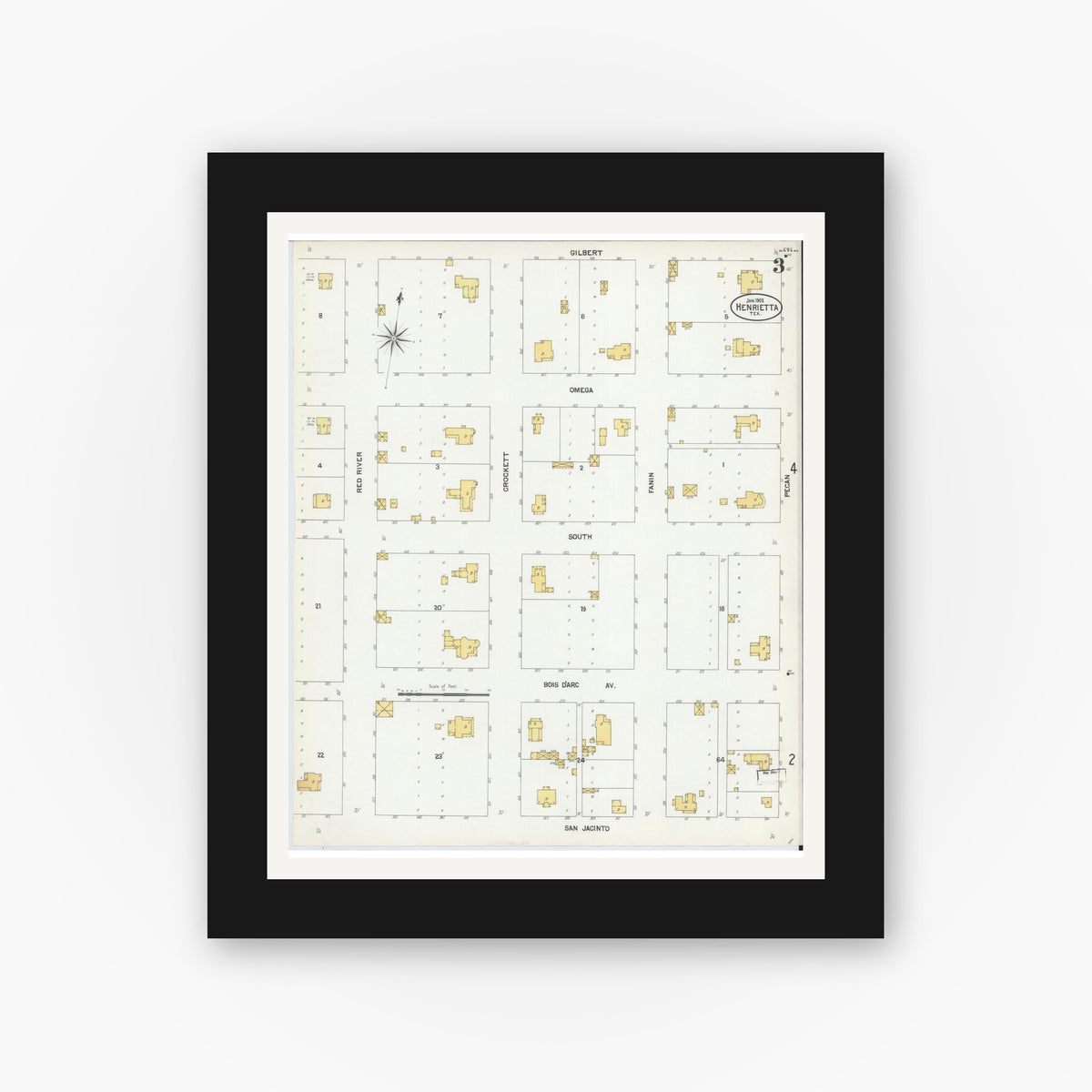 Old map wall art mockup — black gallery frame with white mat — Sanborn Fire Insurance Map from Henrietta, Clay County, Texas (1902), Sheet #0003