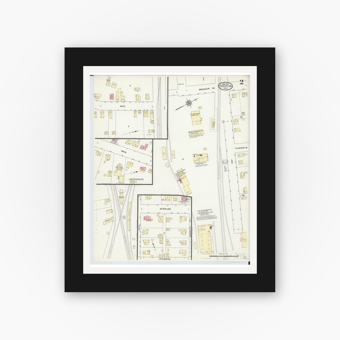 Old map wall art mockup — black gallery frame with white mat — Sanborn Fire Insurance Map from Creston, Wayne County, Ohio (1912), Sheet #0002