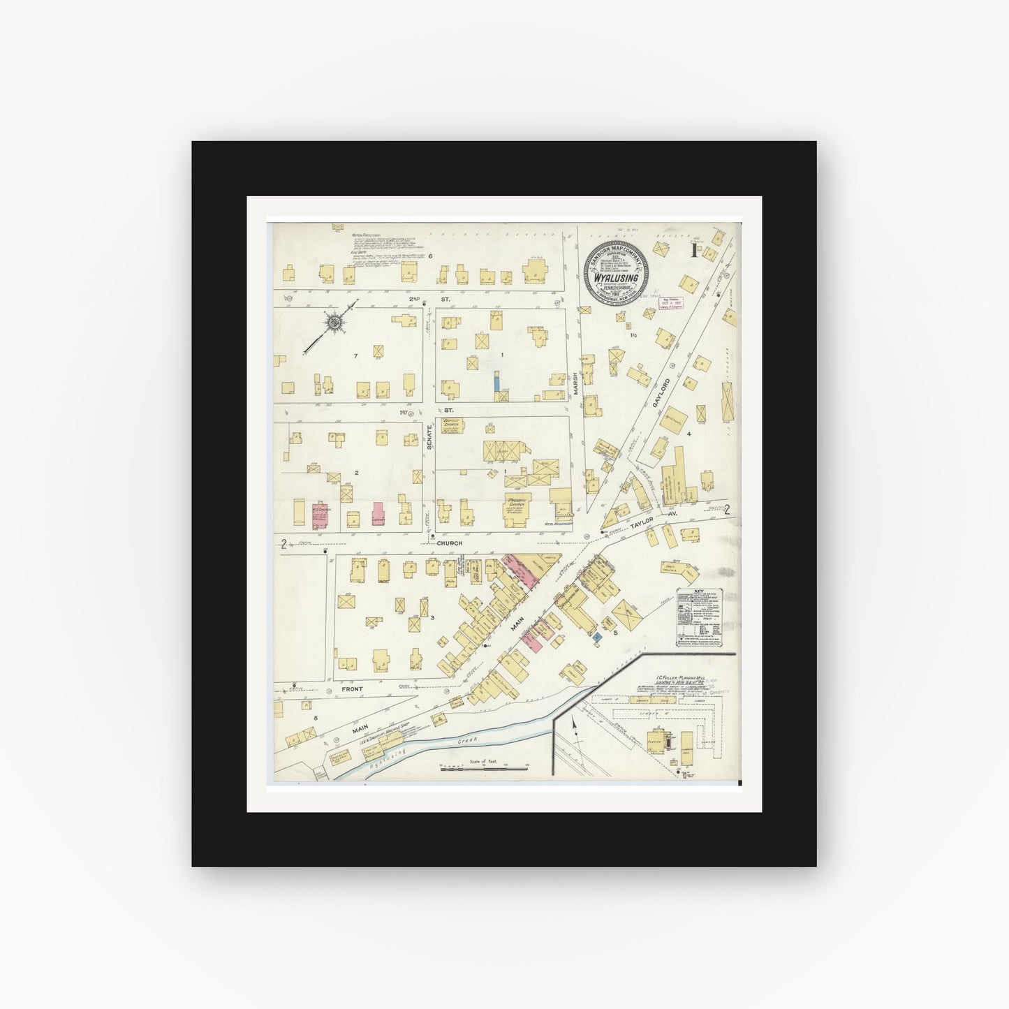 Old map wall art mockup — black gallery frame with white mat — Sanborn Fire Insurance Map from Wyalusing, Wyoming County, Pennsylvania (1911) - Complete Map Set