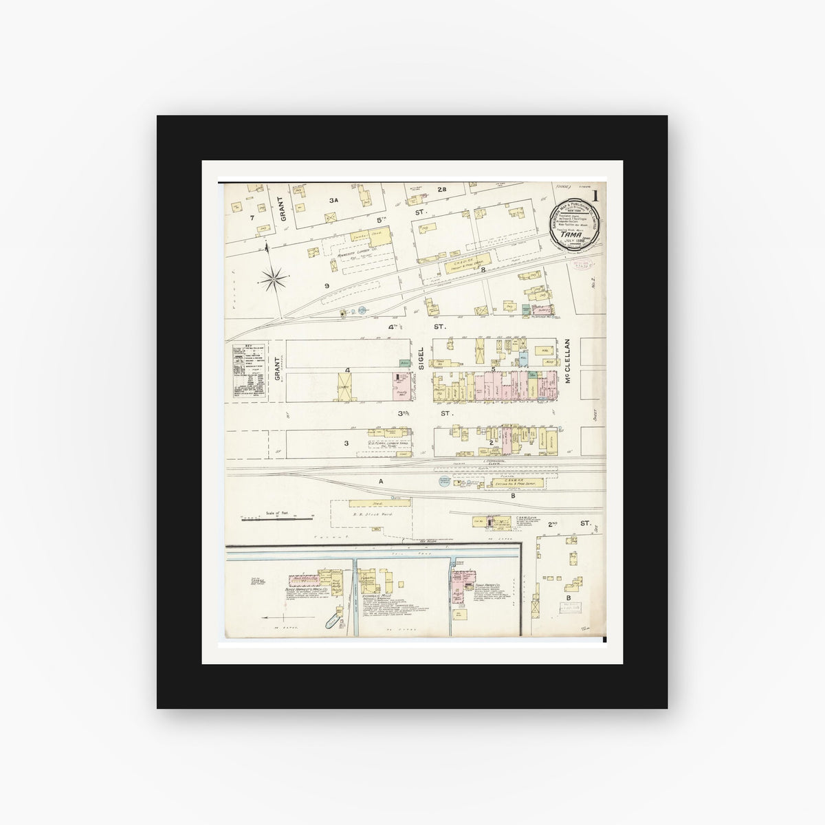 Old map wall art mockup — black gallery frame with white mat — Sanborn Fire Insurance Map from Tama, Tama County, Iowa (1888) — Complete Set