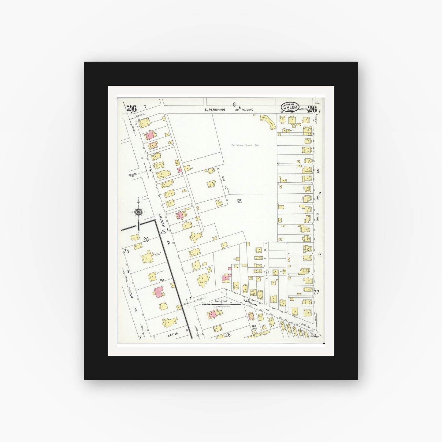 Old map wall art mockup — black gallery frame with white mat — Sanborn Fire Insurance Map from Salem, Columbiana County, Ohio (1926), Sheet #0026