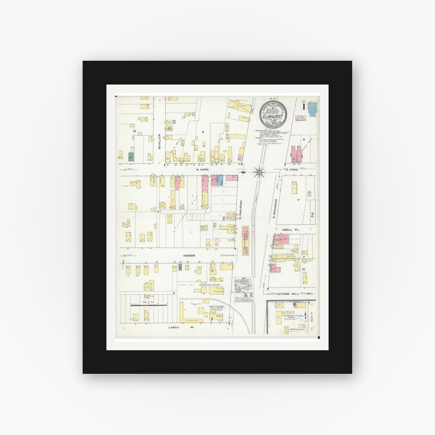 Old map wall art mockup — black gallery frame with white mat — Sanborn Fire Insurance Map from Elmhurst, Du Page County, Illinois (1909) - Complete Map Set