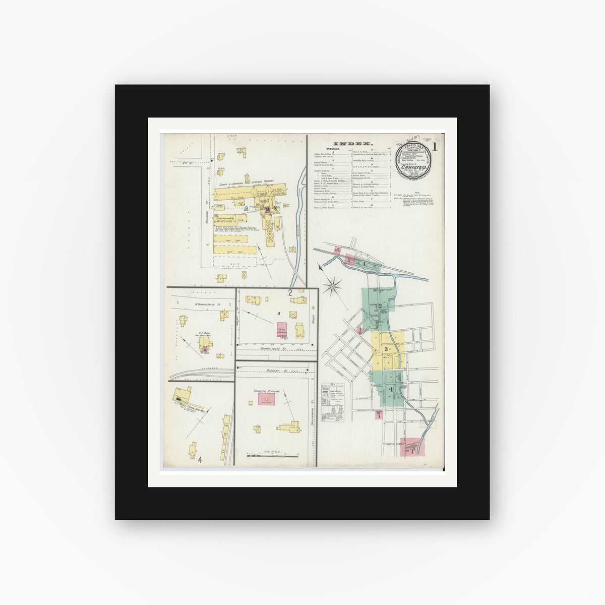 Old map wall art mockup — black gallery frame with white mat — Sanborn Fire Insurance Map from Canisteo, Steuben County, New York (1897) - Complete Map Set
