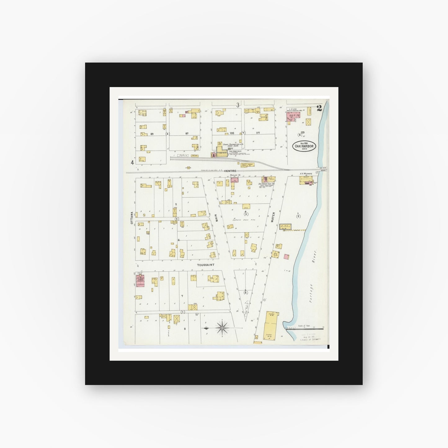 Old map wall art mockup — black gallery frame with white mat — Sanborn Fire Insurance Map from Oak Harbor, Ottawa County, Ohio (1898), Sheet #0002