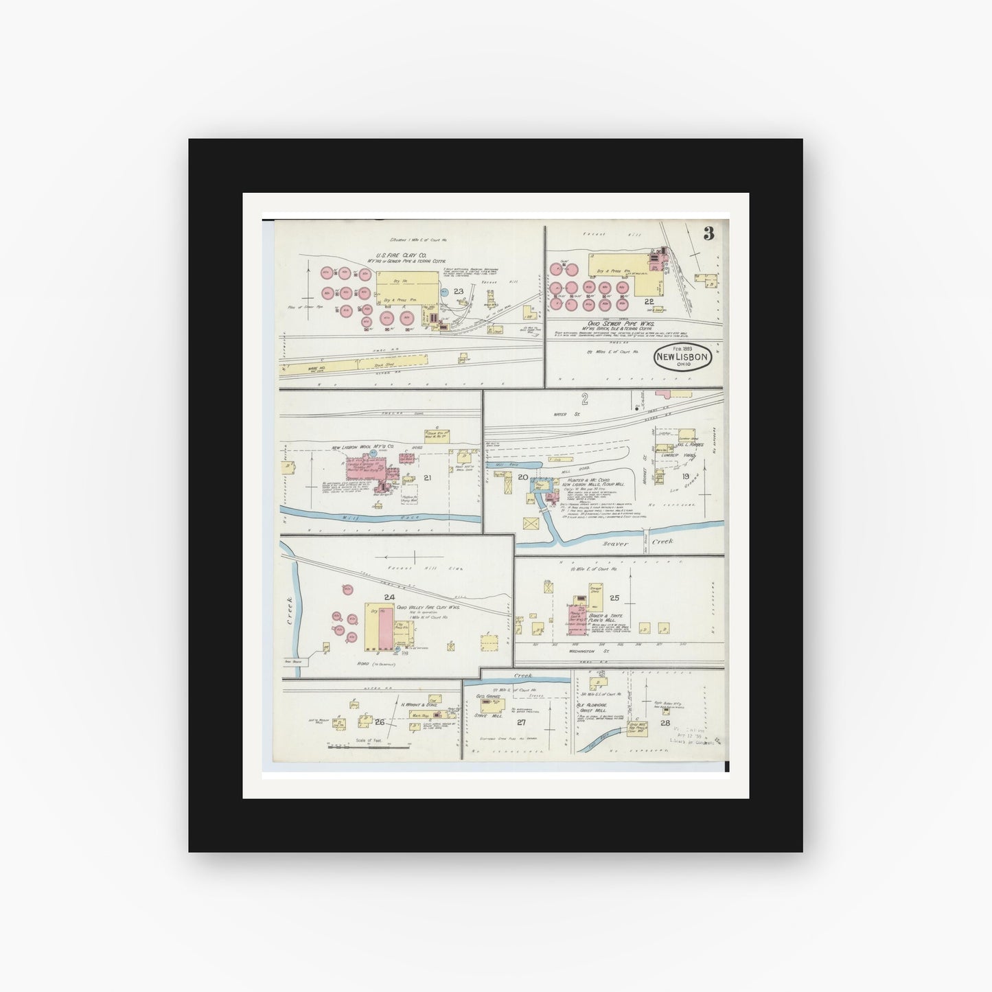 Old map wall art mockup — black gallery frame with white mat — Sanborn Fire Insurance Map from New Lisbon, Columbiana County, Ohio (1893), Sheet #0003