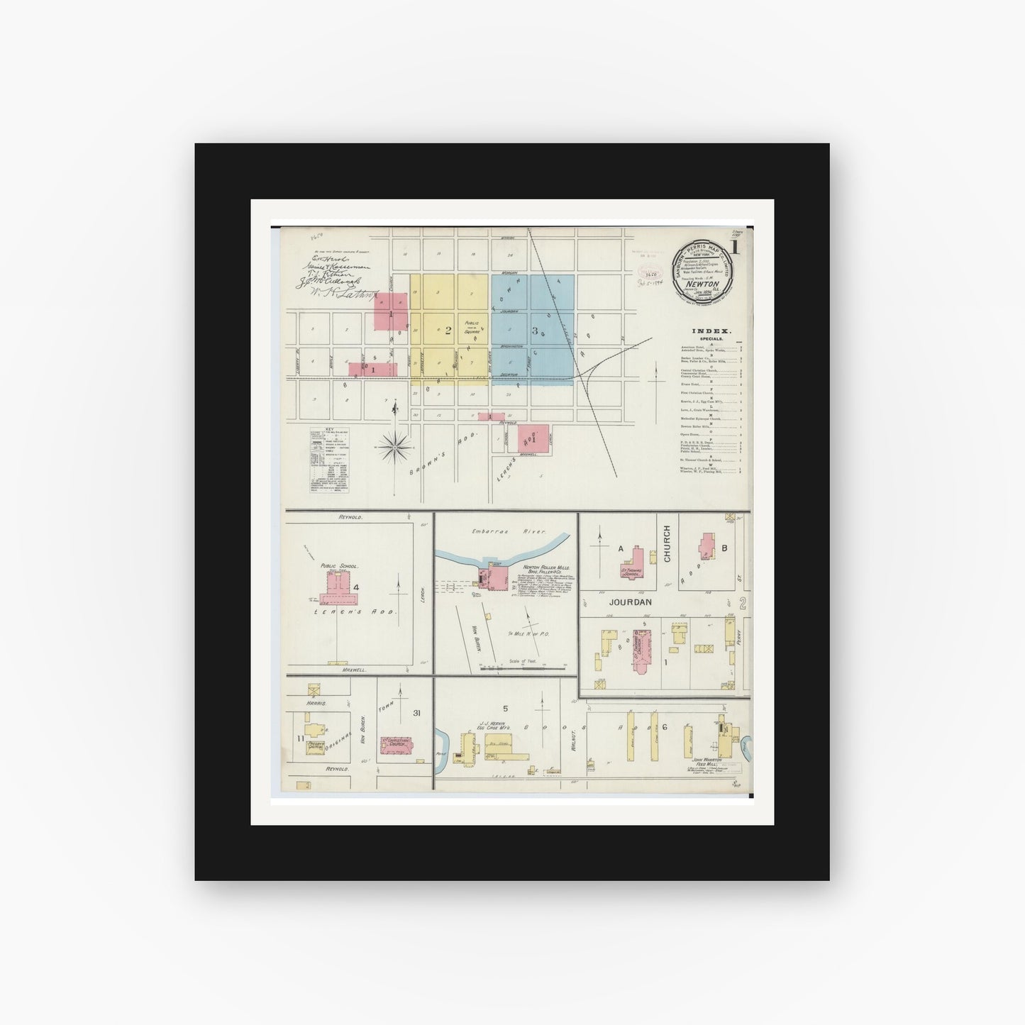 Old map wall art mockup — black gallery frame with white mat — Sanborn Fire Insurance Map from Newton, Jasper County, Illinois (1894) - Complete Map Set
