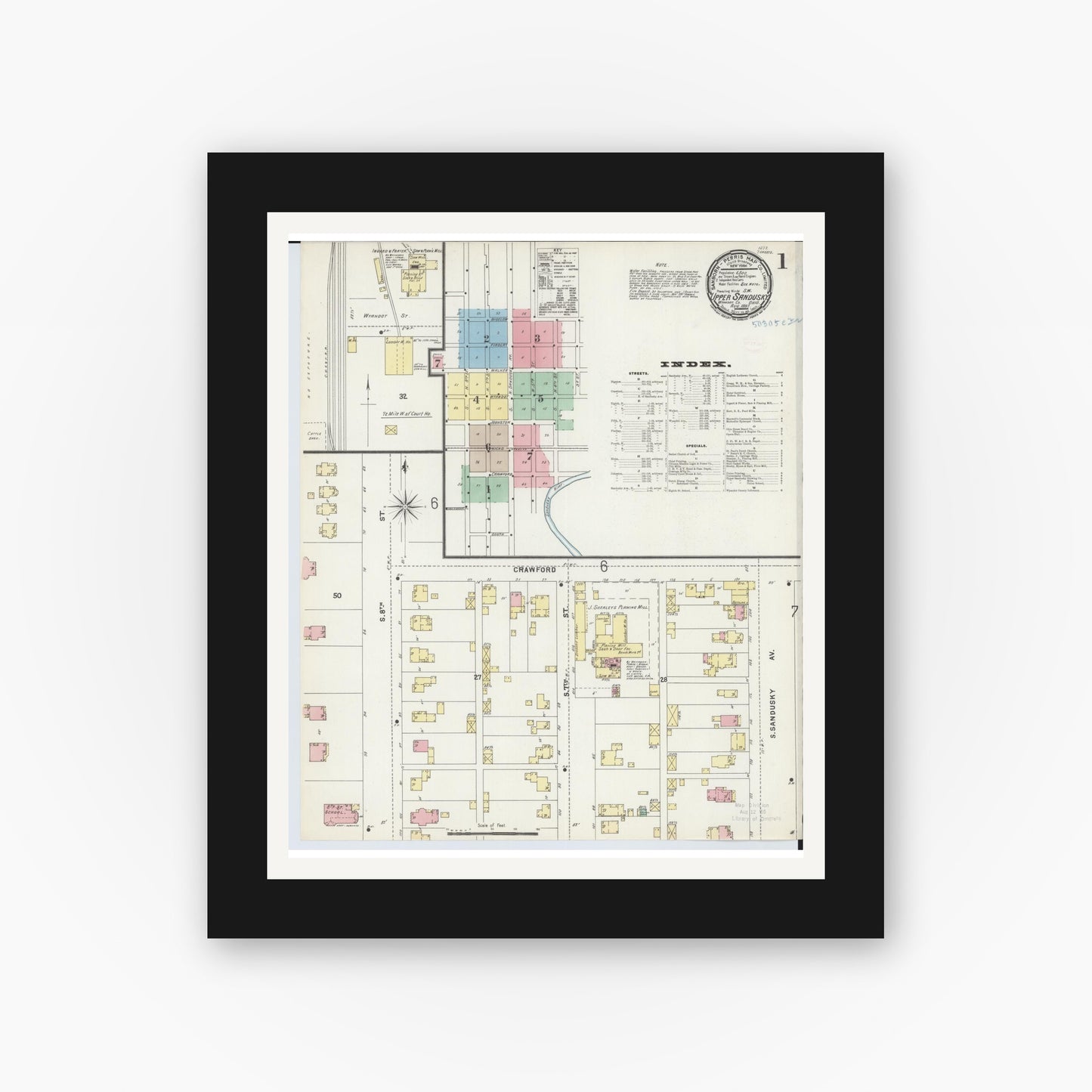 Old map wall art mockup — black gallery frame with white mat — Sanborn Fire Insurance Map from Upper Sandusky, Wyandot County, Ohio (1897), Sheet #0001