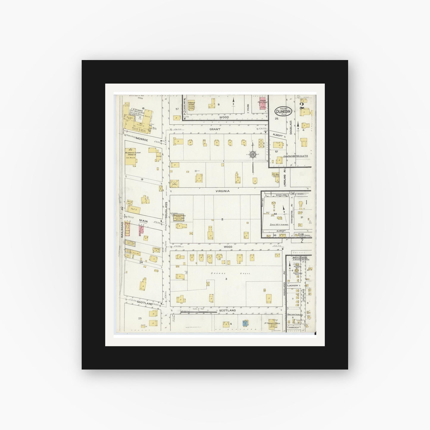 Old map wall art mockup — black gallery frame with white mat — Sanborn Fire Insurance Map from Dunedin, Pinellas County, Florida (1917), Sheet #0002
