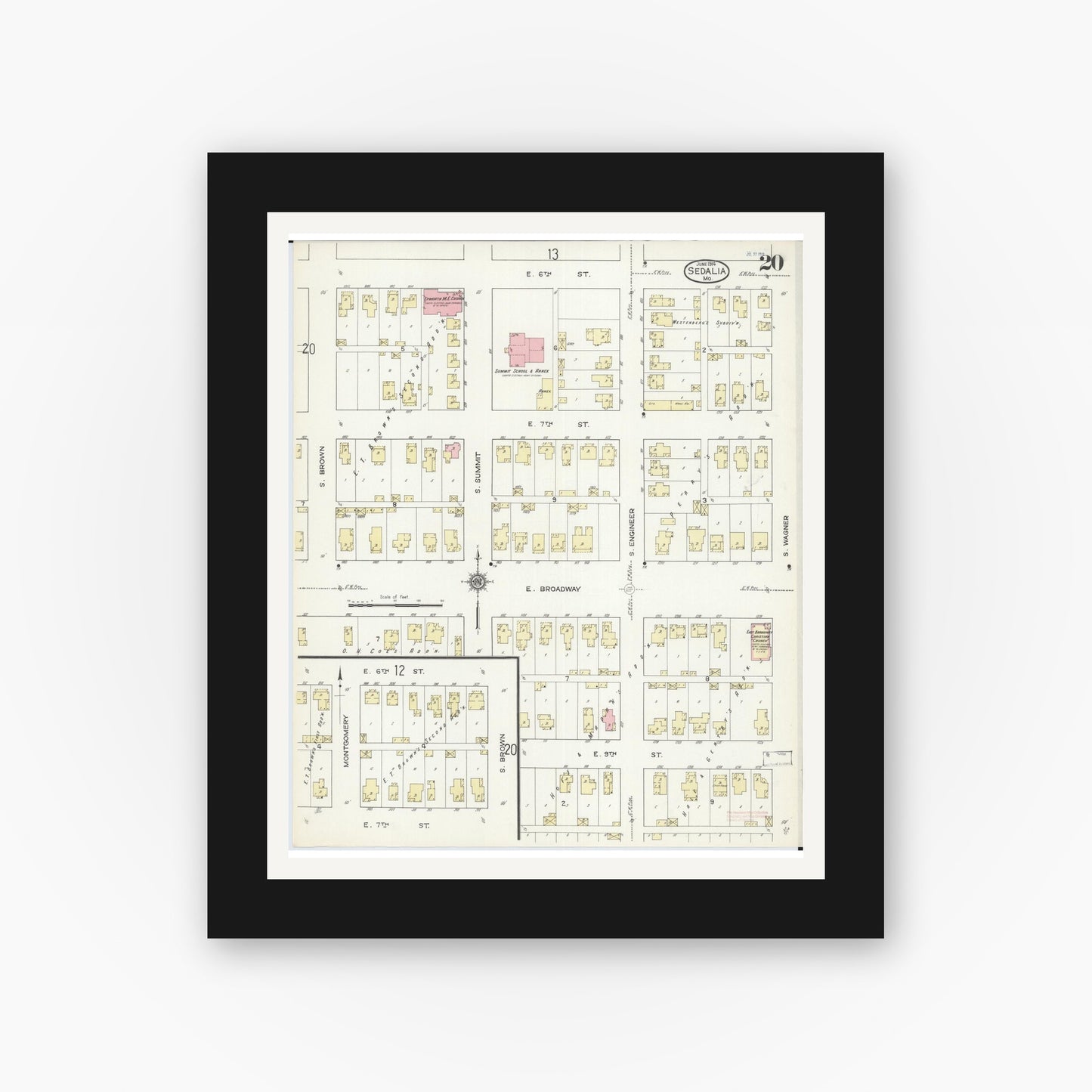 Old map wall art mockup — black gallery frame with white mat — Sanborn Fire Insurance Map from Sedalia, Pettis County, Missouri (1914), Sheet #0020