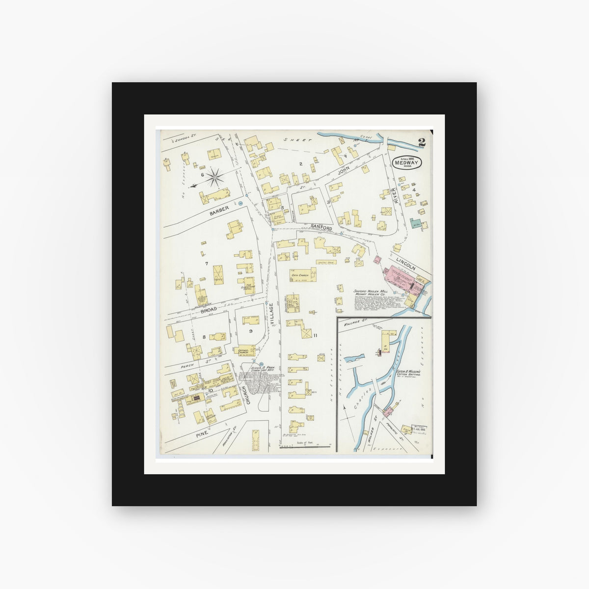 Old map wall art mockup — black gallery frame with white mat — Sanborn Fire Insurance Map from Medway, Norfolk County, Massachusetts (1892), Sheet #0002