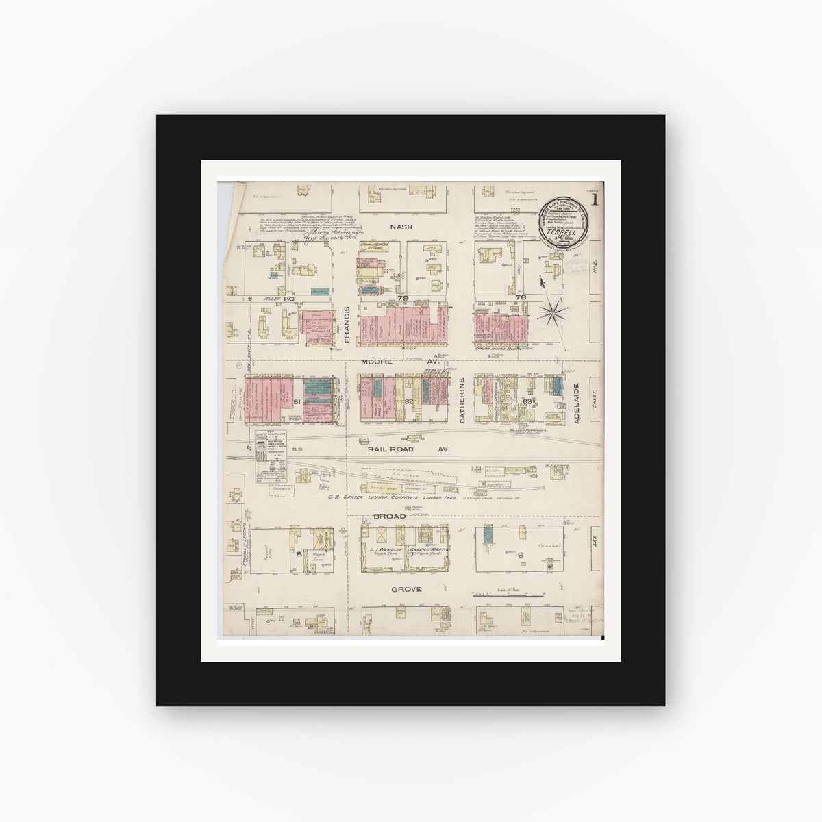 Old map wall art mockup — black gallery frame with white mat — Sanborn Fire Insurance Map from Terrell, Kaufman County, Texas (1885) - Complete Map Set