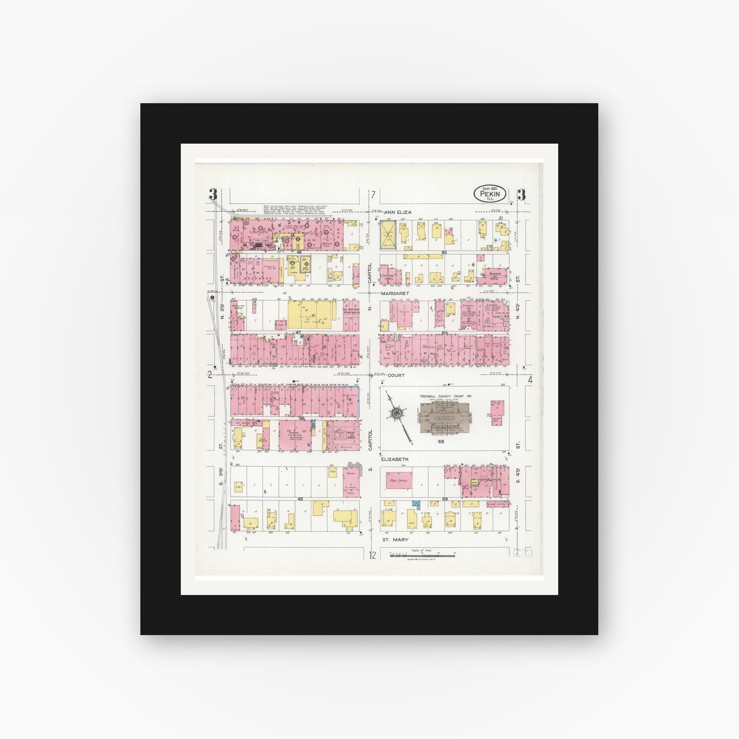 Old map wall art mockup — black gallery frame with white mat — Sanborn Fire Insurance Map from Pekin, Tazewell County, Illinois (1925), Sheet #0003