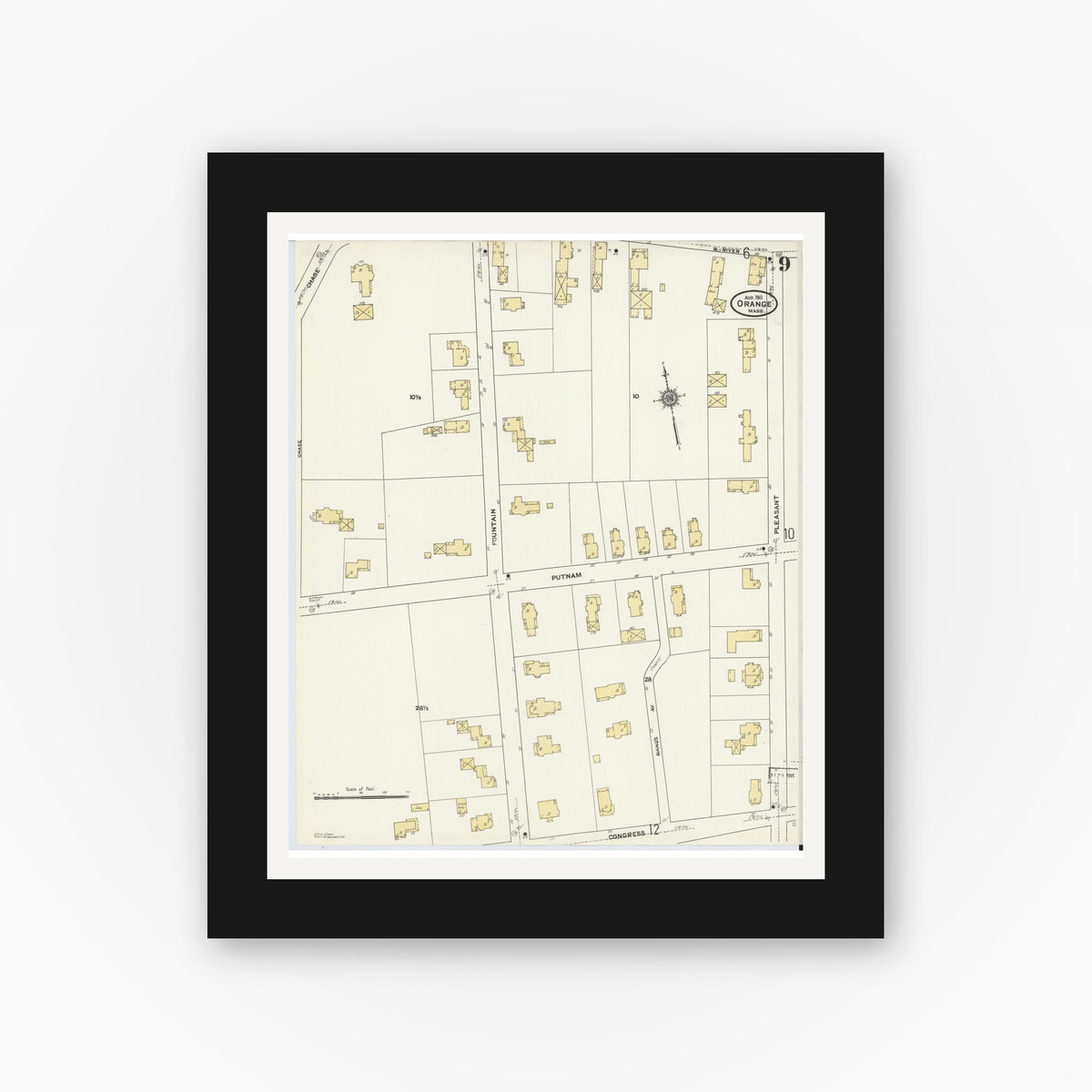 Old map wall art mockup — black gallery frame with white mat — Sanborn Fire Insurance Map from Orange, Franklin County, Massachusetts (1911), Sheet #0009