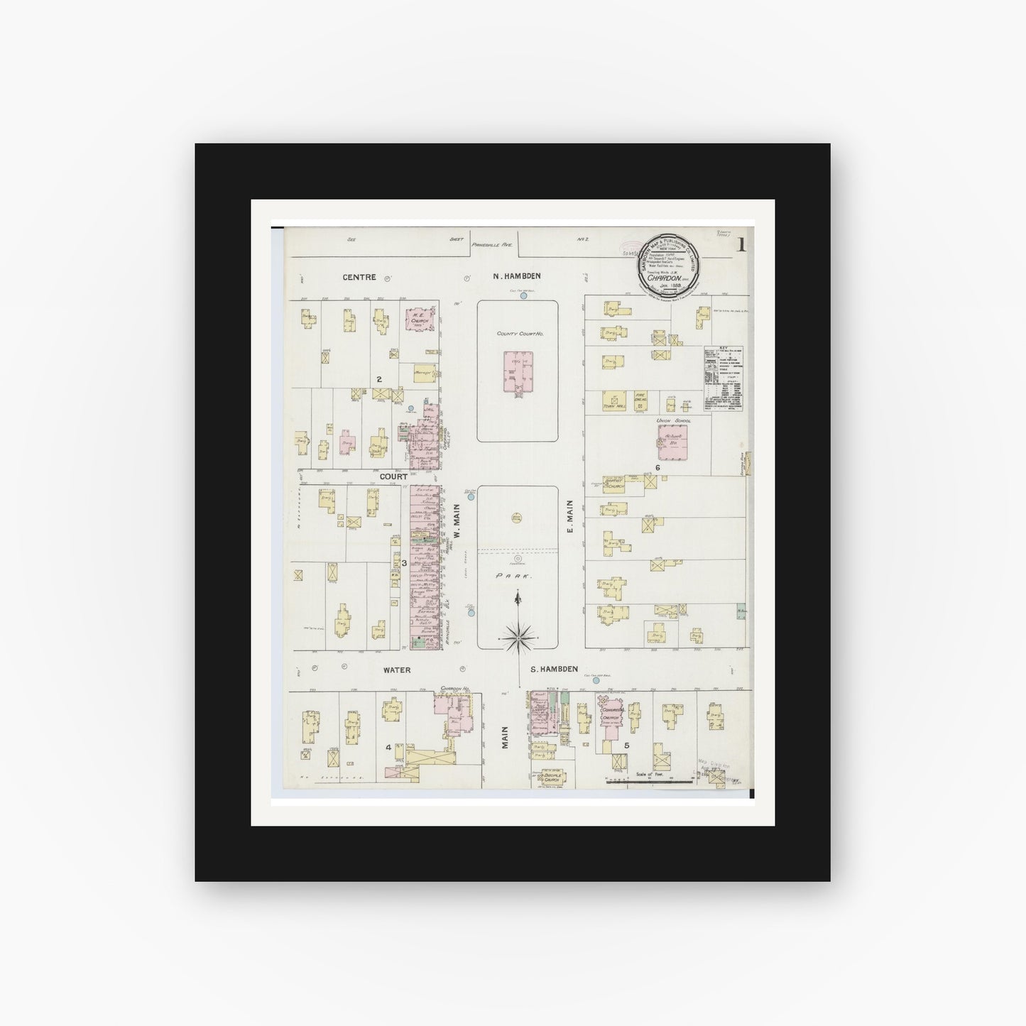 Old map wall art mockup — black gallery frame with white mat — Sanborn Fire Insurance Map from Chardon, Geauga County, Ohio (1889) - Complete Map Set