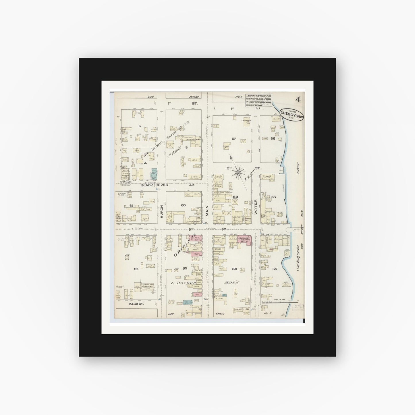 Old map wall art mockup — black gallery frame with white mat — Sanborn Fire Insurance Map from Cheboygan, Cheboygan County, Michigan (1884), Sheet #0004
