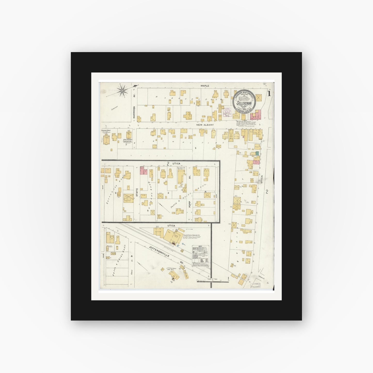 Old map wall art mockup — black gallery frame with white mat — Sanborn Fire Insurance Map from Sellersburg, Clark County, Indiana (1905) - Complete Map Set