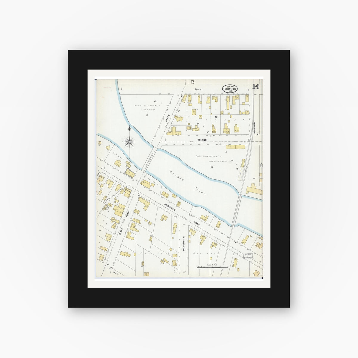 Old map wall art mockup — black gallery frame with white mat — Sanborn Fire Insurance Map from Oconto, Oconto County, Wisconsin (1904), Sheet #0014