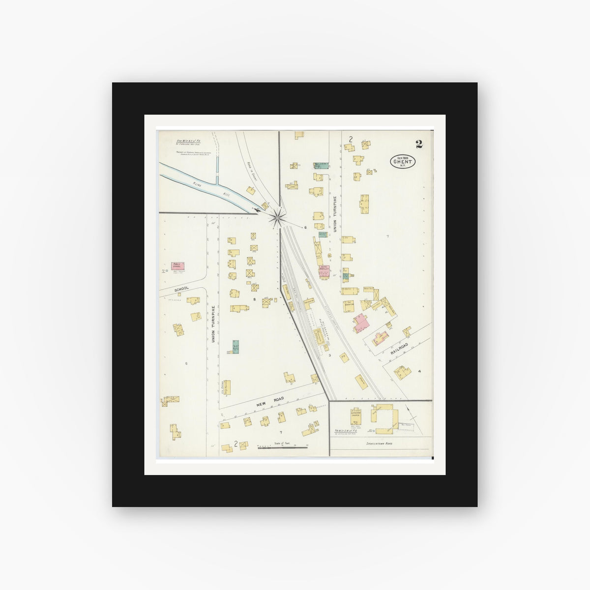 Old map wall art mockup — black gallery frame with white mat — Sanborn Fire Insurance Map from Ghent, Columbia County, New York (1905), Sheet #0002