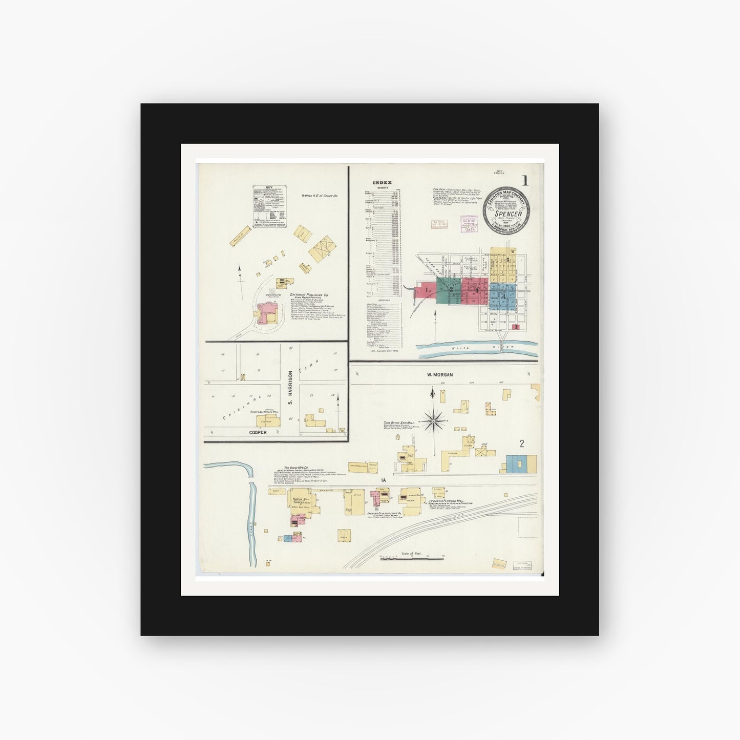 Old map wall art mockup — black gallery frame with white mat — Sanborn Fire Insurance Map from Spencer, Owen County, Indiana (1907), Sheet #0001