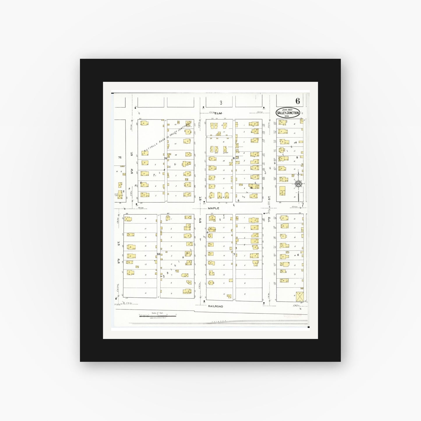 Old map wall art mockup — black gallery frame with white mat — Sanborn Fire Insurance Map from Valley Junction, Polk County, Iowa (1920), Sheet #0006