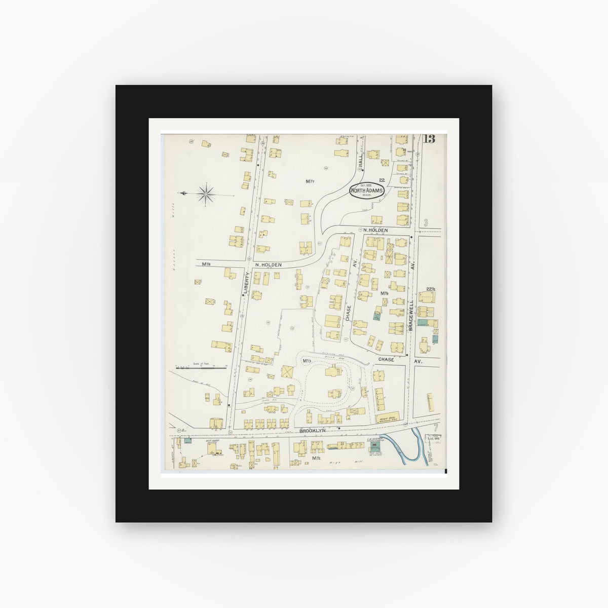 Old map wall art mockup — black gallery frame with white mat — Sanborn Fire Insurance Map from North Adams, Berkshire County, Massachusetts (1892), Sheet #0013