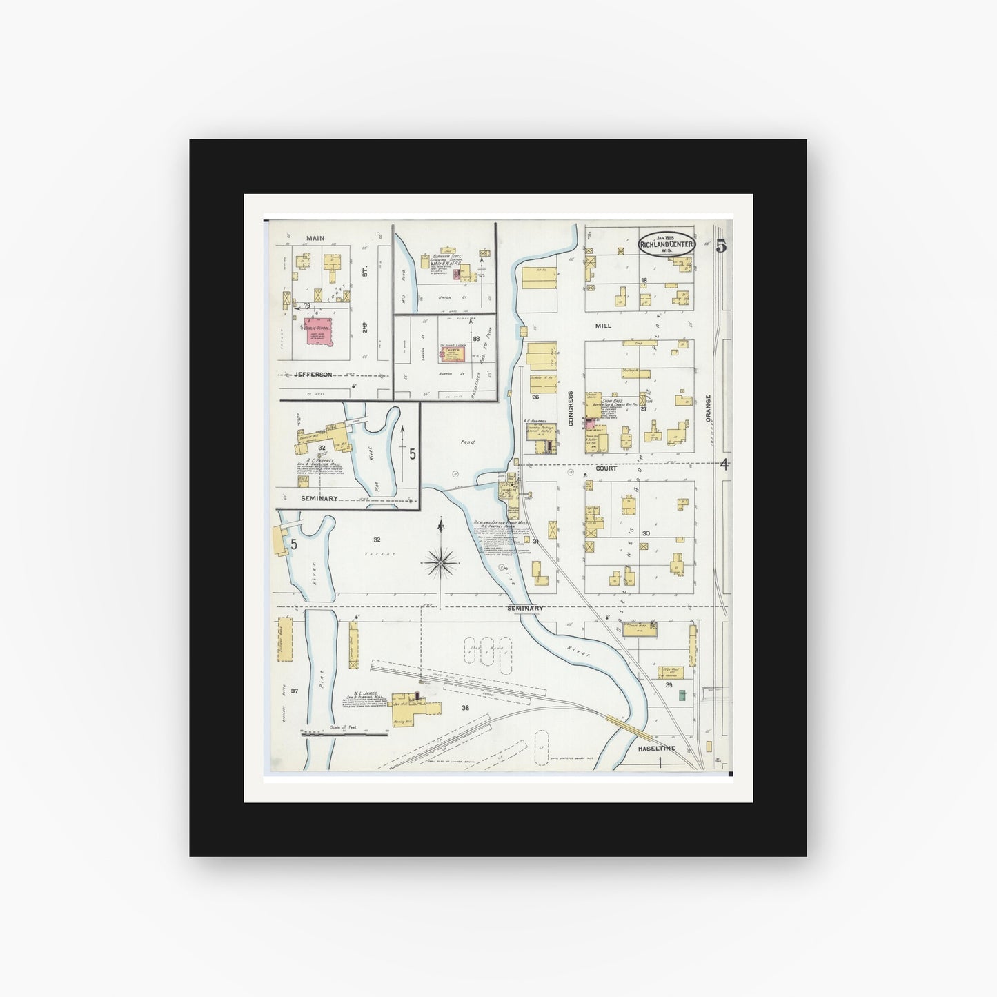 Old map wall art mockup — black gallery frame with white mat — Sanborn Fire Insurance Map from Richland Center, Richland County, Wisconsin (1905), Sheet #0005