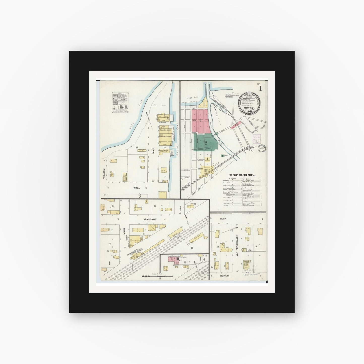 Old map wall art mockup — black gallery frame with white mat — Sanborn Fire Insurance Map from Huron, Erie County, Ohio (1901), Sheet #0001