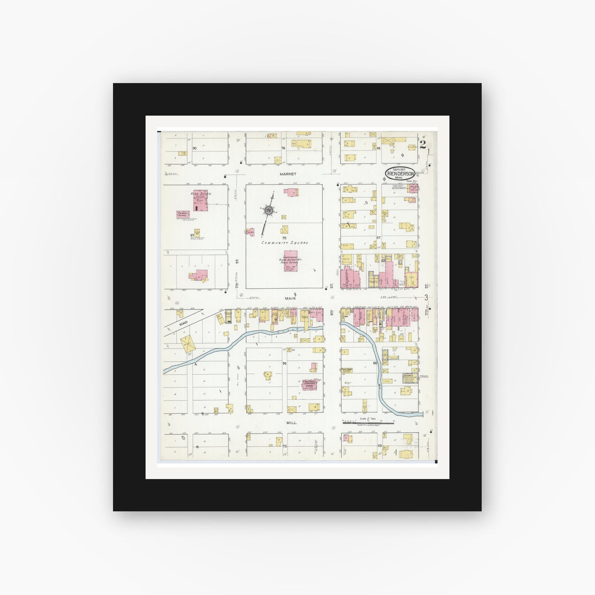 Old map wall art mockup — black gallery frame with white mat — Sanborn Fire Insurance Map from Henderson, Sibley County, Minnesota (1917), Sheet #0002