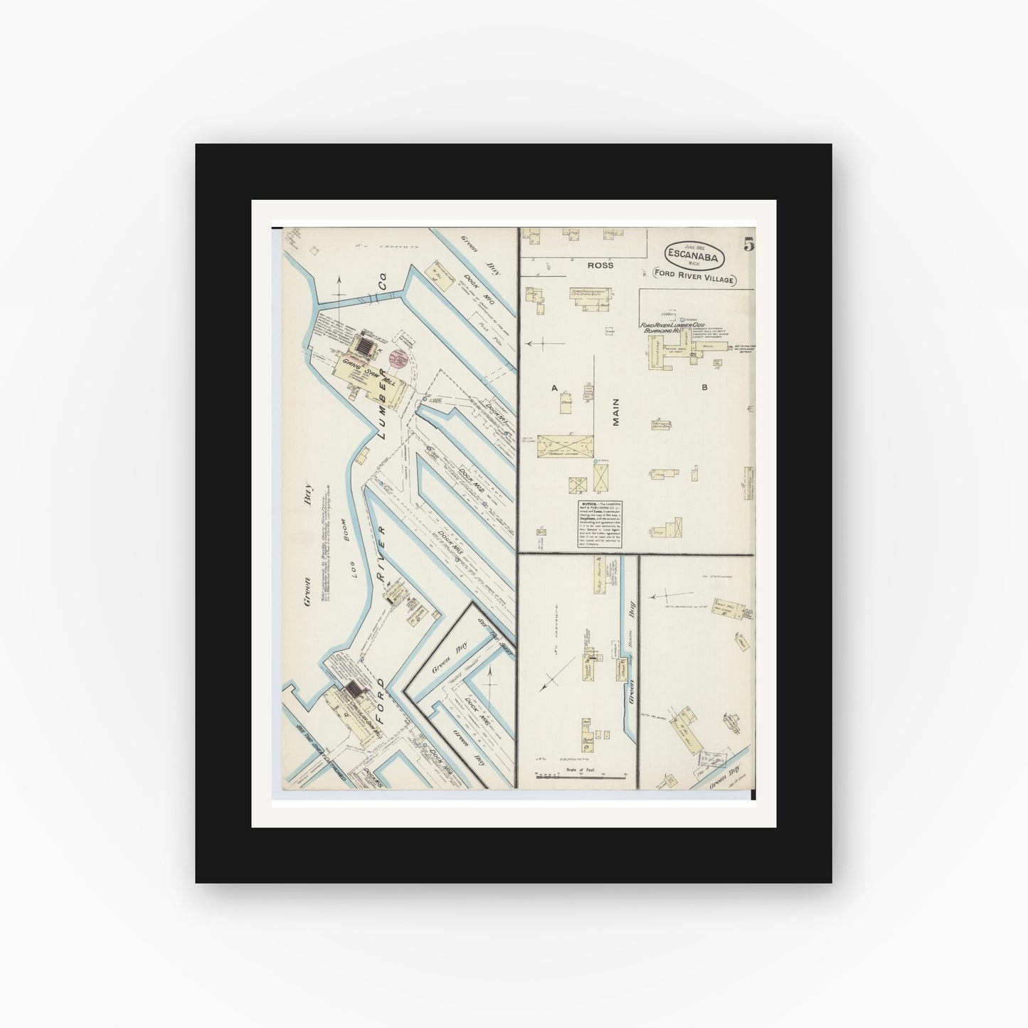 Old map wall art mockup — black gallery frame with white mat — Sanborn Fire Insurance Map from Escanaba, Delta County, Michigan (1884), Sheet #0005