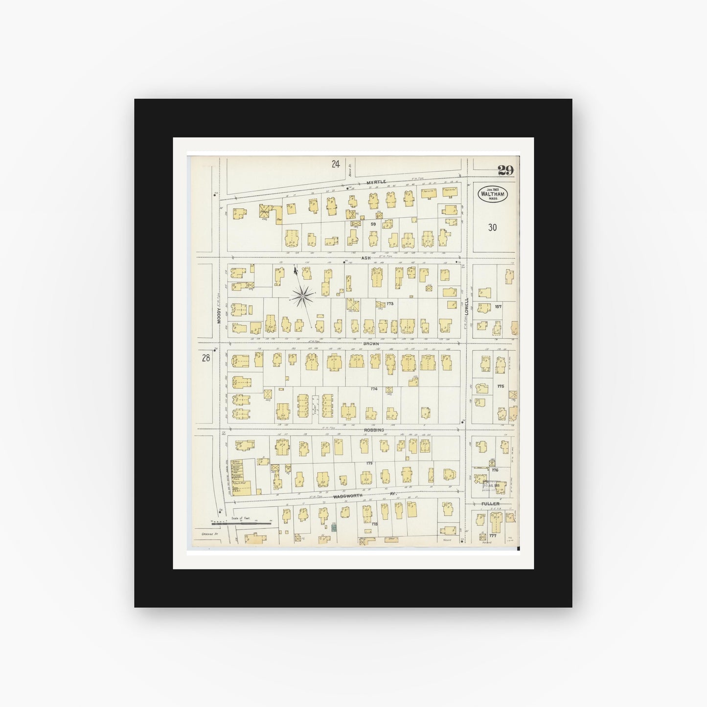 Old map wall art mockup — black gallery frame with white mat — Sanborn Fire Insurance Map from Waltham, Middlesex County, Massachusetts (1903), Sheet #0029