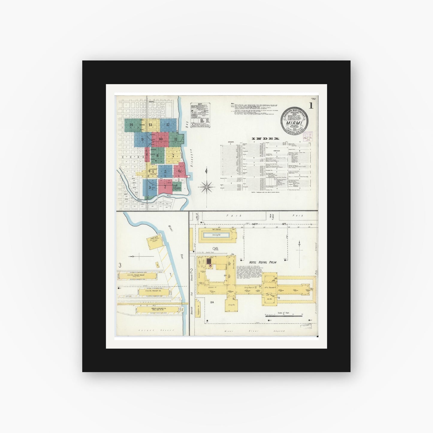 Old map wall art mockup — black gallery frame with white mat — Sanborn Fire Insurance Map from Miami, Dade County, Florida (1906), Sheet #0001