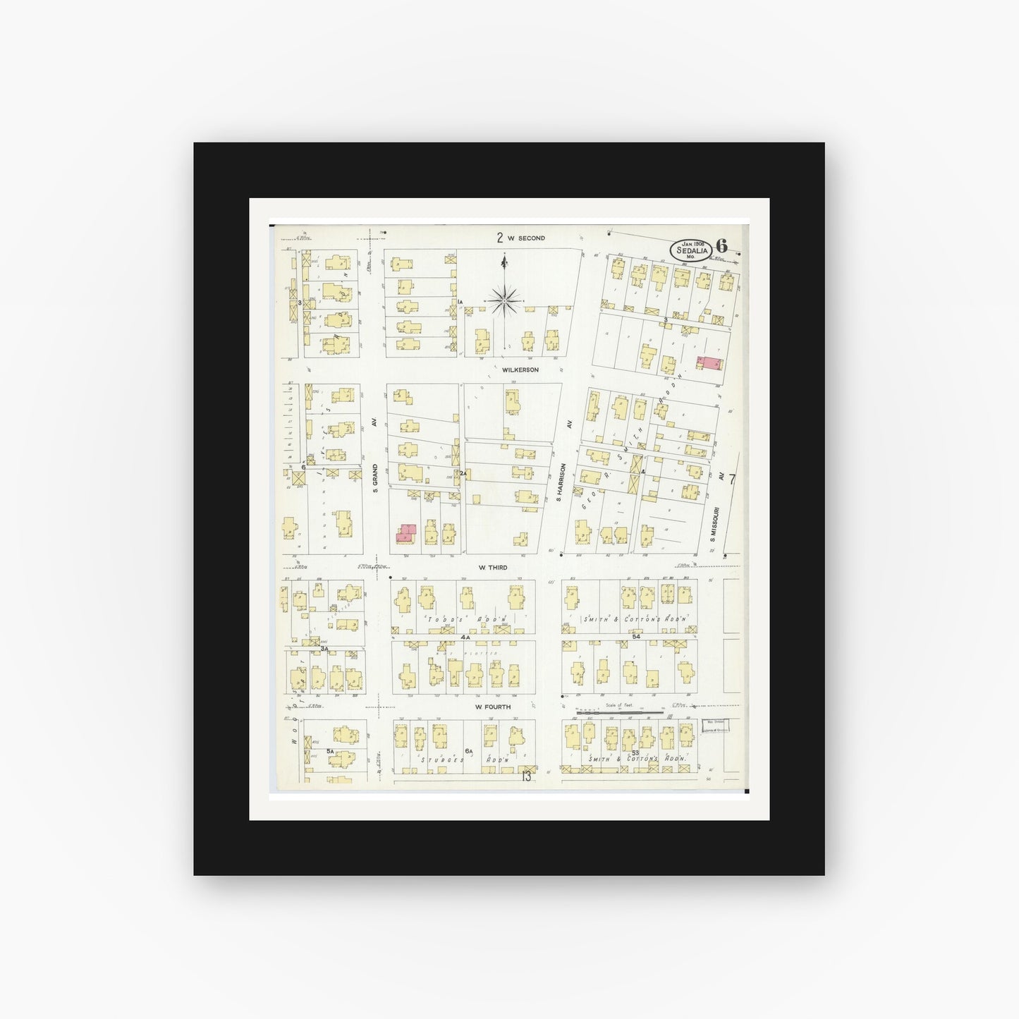 Old map wall art mockup — black gallery frame with white mat — Sanborn Fire Insurance Map from Sedalia, Pettis County, Missouri (1908), Sheet #0006