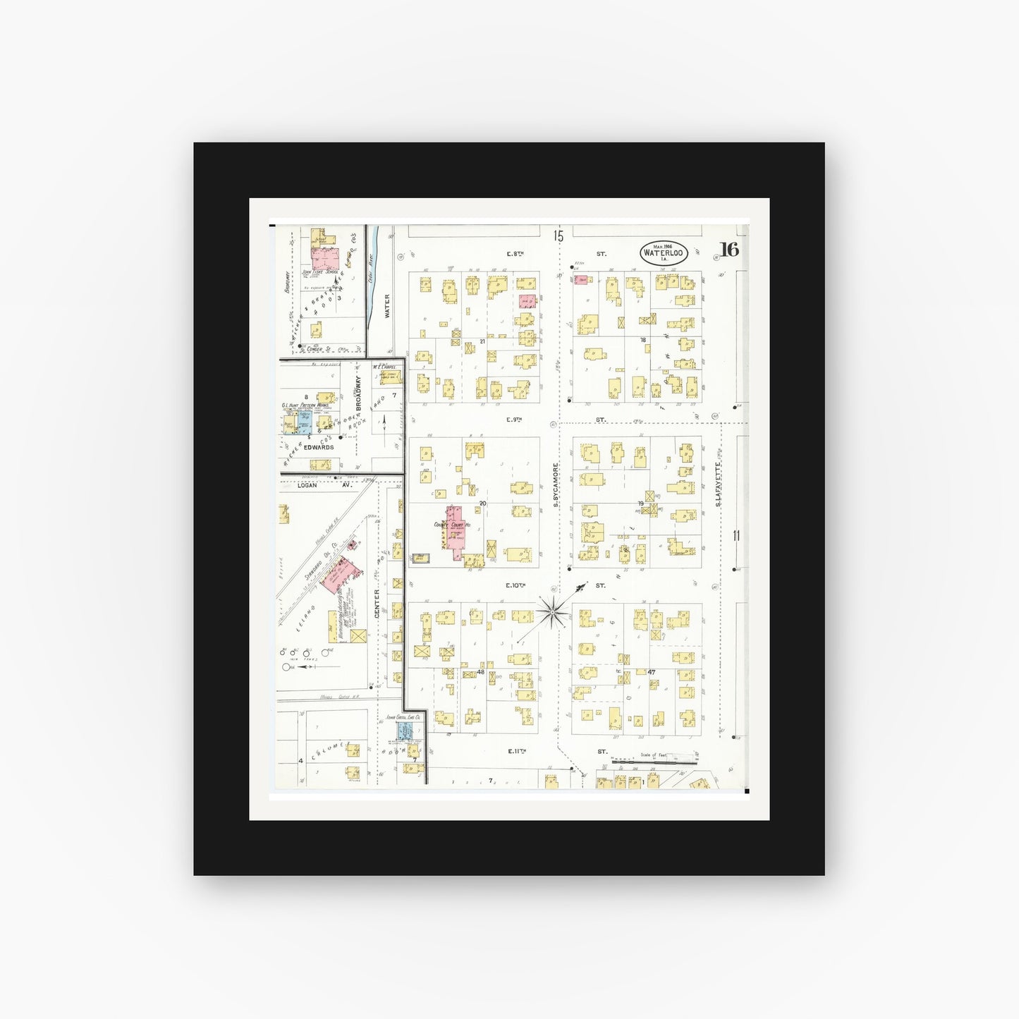 Old map wall art mockup — black gallery frame with white mat — Sanborn Fire Insurance Map from Waterloo, Black Hawk County, Iowa (1906), Sheet #0016