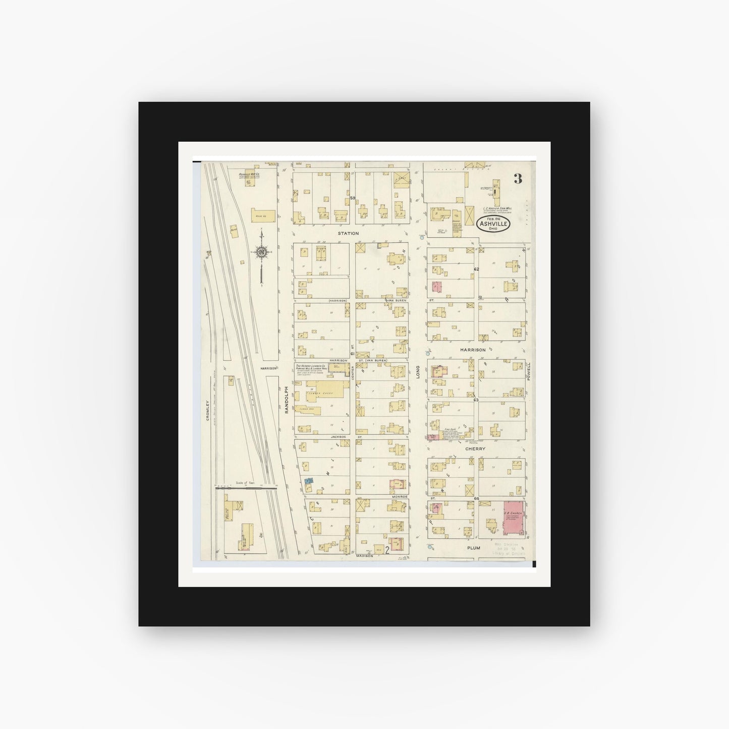 Old map wall art mockup — black gallery frame with white mat — Sanborn Fire Insurance Map from Ashville, Pickaway County, Ohio (1916), Sheet #0003