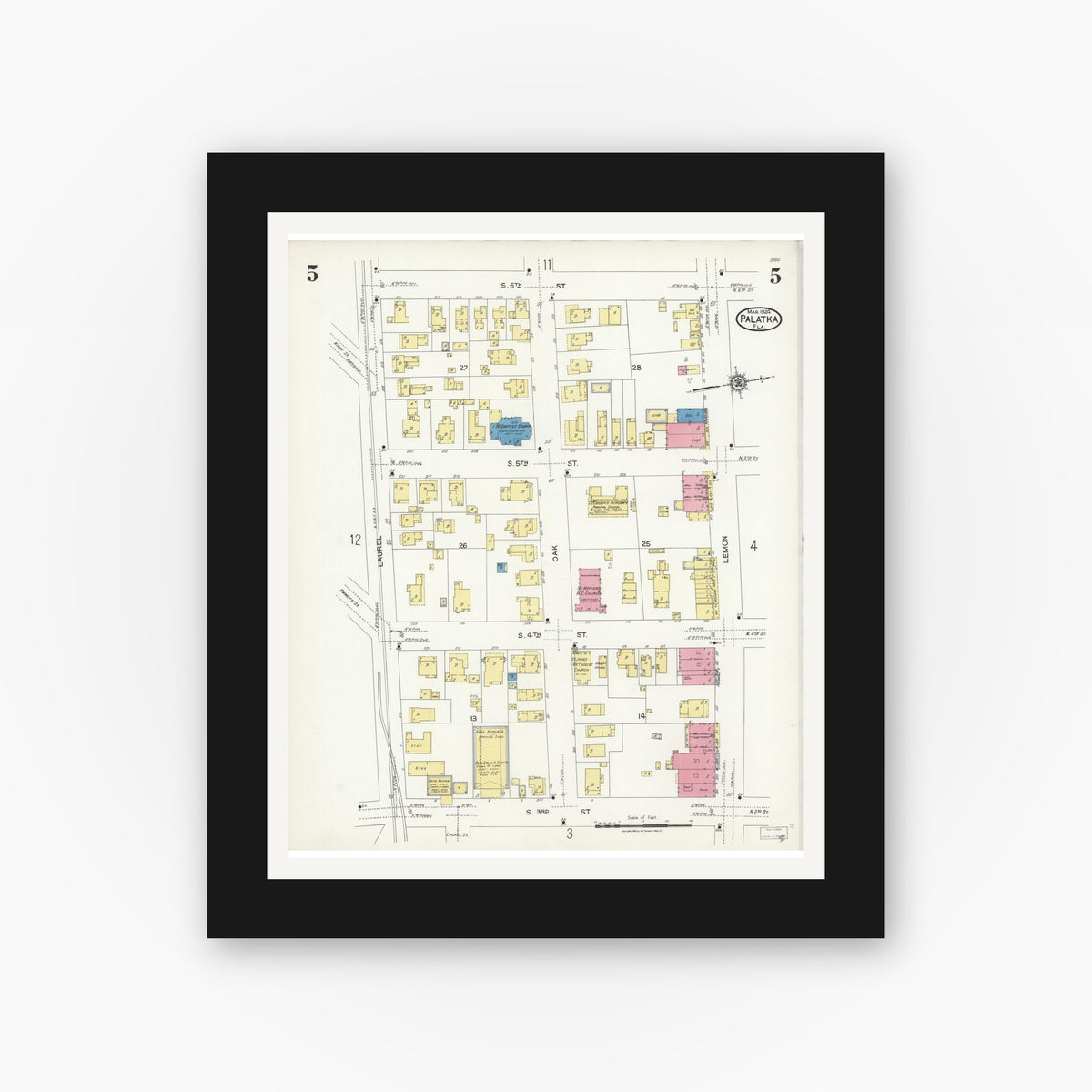 Old map wall art mockup — black gallery frame with white mat — Sanborn Fire Insurance Map from Palatka, Putnam County, Florida (1924), Sheet #0005