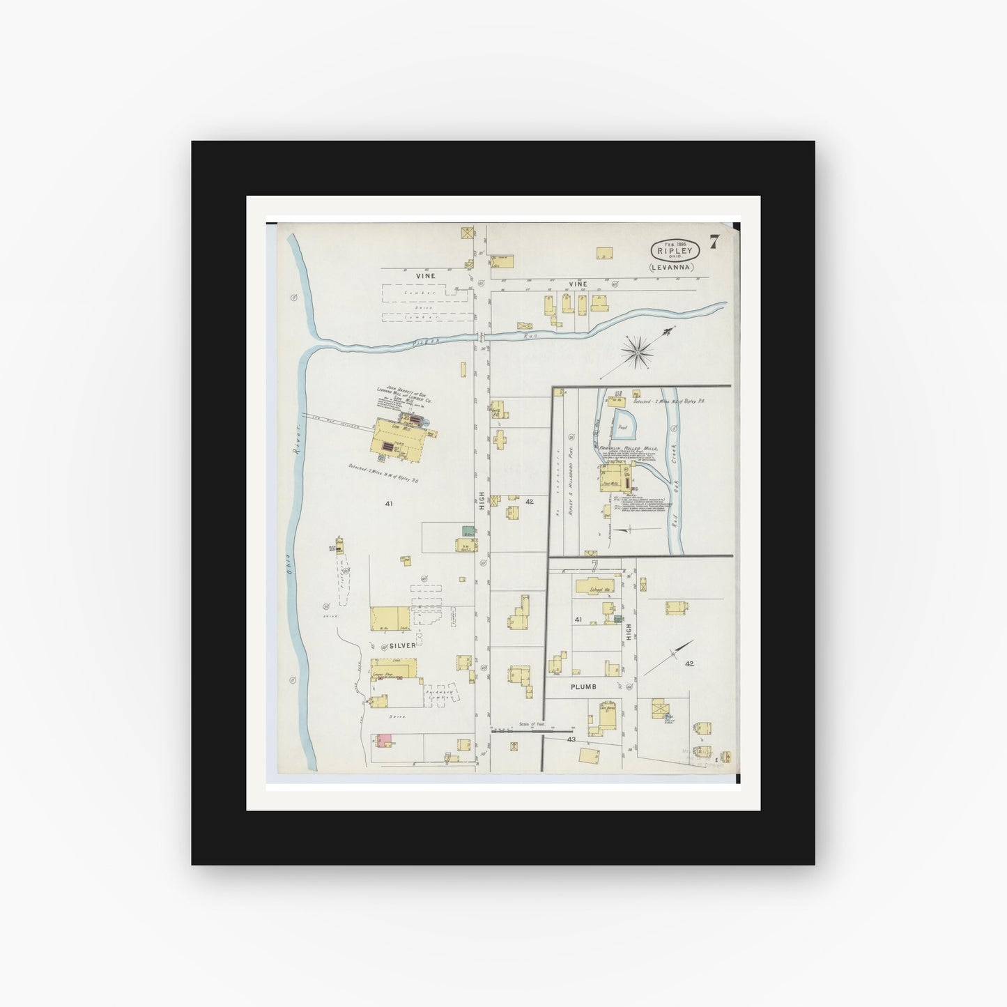 Old map wall art mockup — black gallery frame with white mat — Sanborn Fire Insurance Map from Ripley, Brown County, Ohio (1895), Sheet #0007