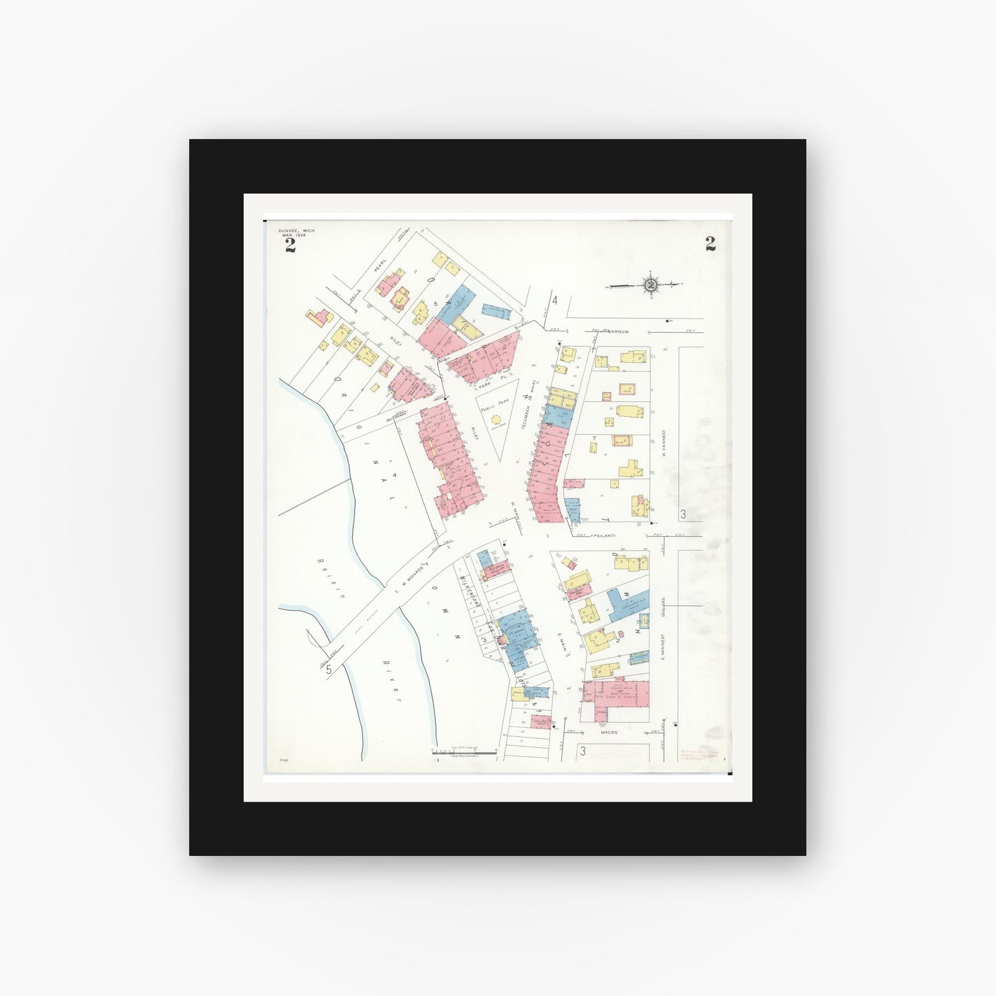Old map wall art mockup — black gallery frame with white mat — Sanborn Fire Insurance Map from Dundee, Monroe County, Michigan (1938), Sheet #0002