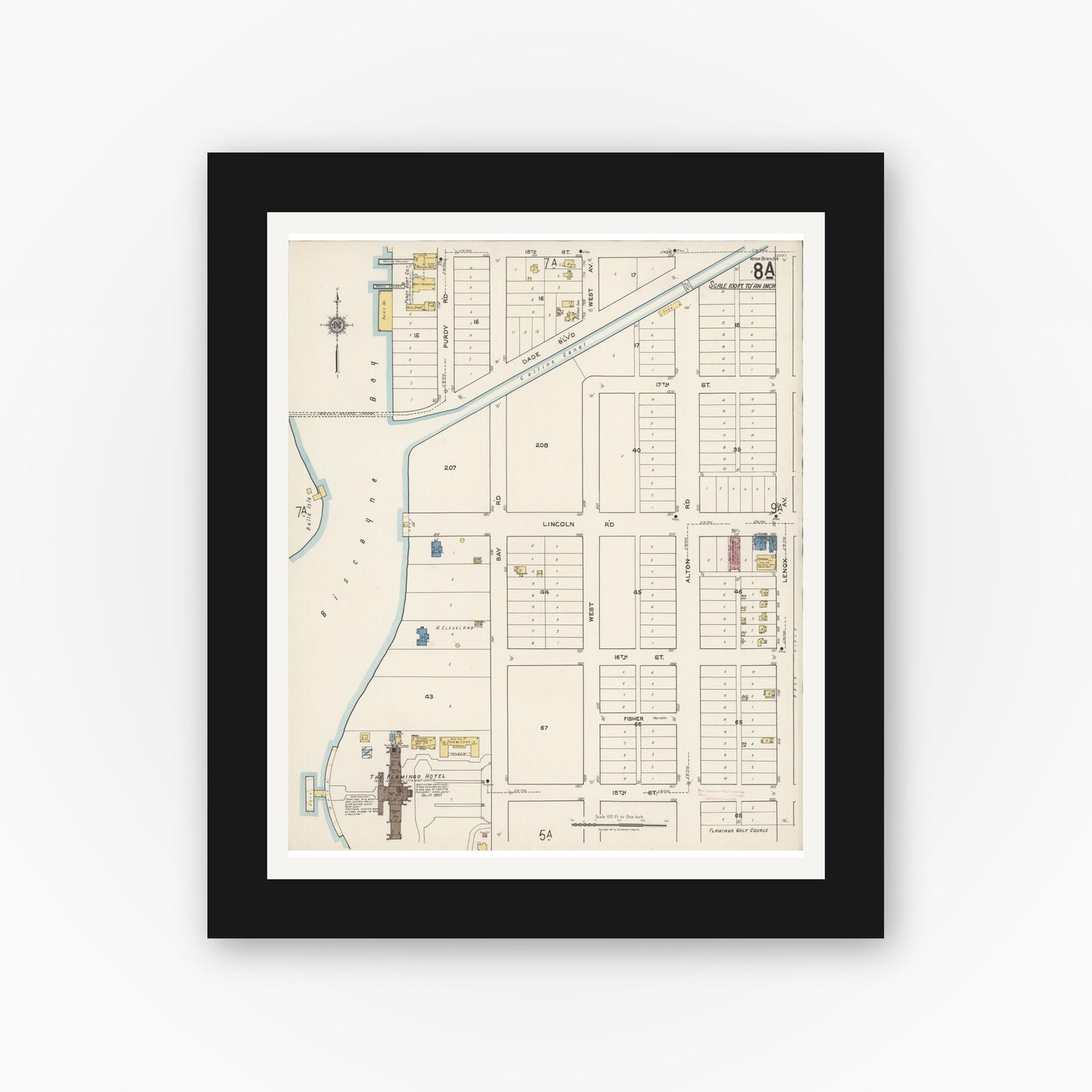 Old map wall art mockup — black gallery frame with white mat — Sanborn Fire Insurance Map from Miami Beach, Dade County, Florida (1921), Sheet #0008