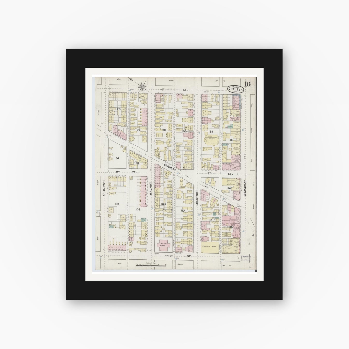 Old map wall art mockup — black gallery frame with white mat — Sanborn Fire Insurance Map from Chelsea, Suffolk County, Massachusetts (1889), Sheet #0016