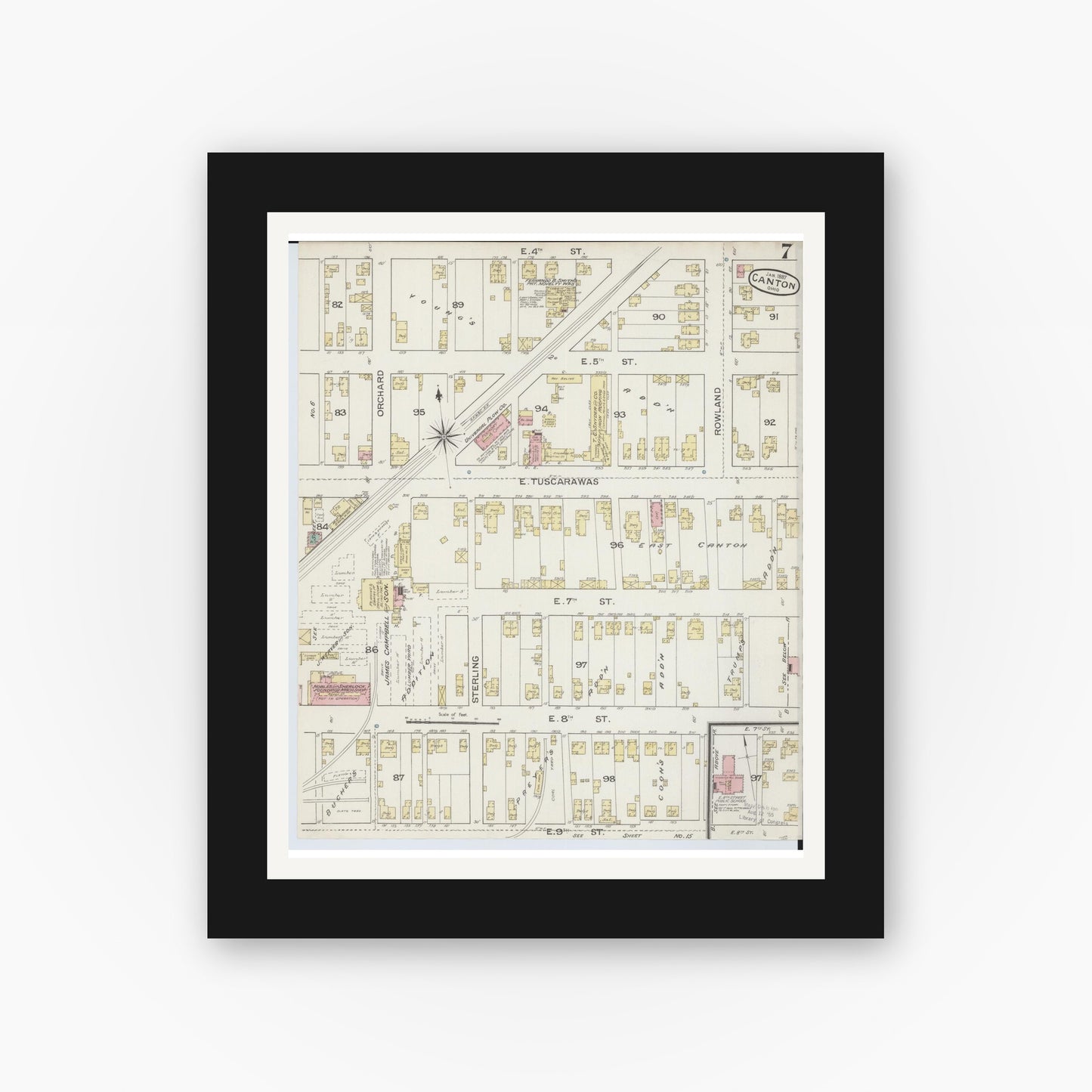 Old map wall art mockup — black gallery frame with white mat — Sanborn Fire Insurance Map from Canton, Stark County, Ohio (1887), Sheet #0007