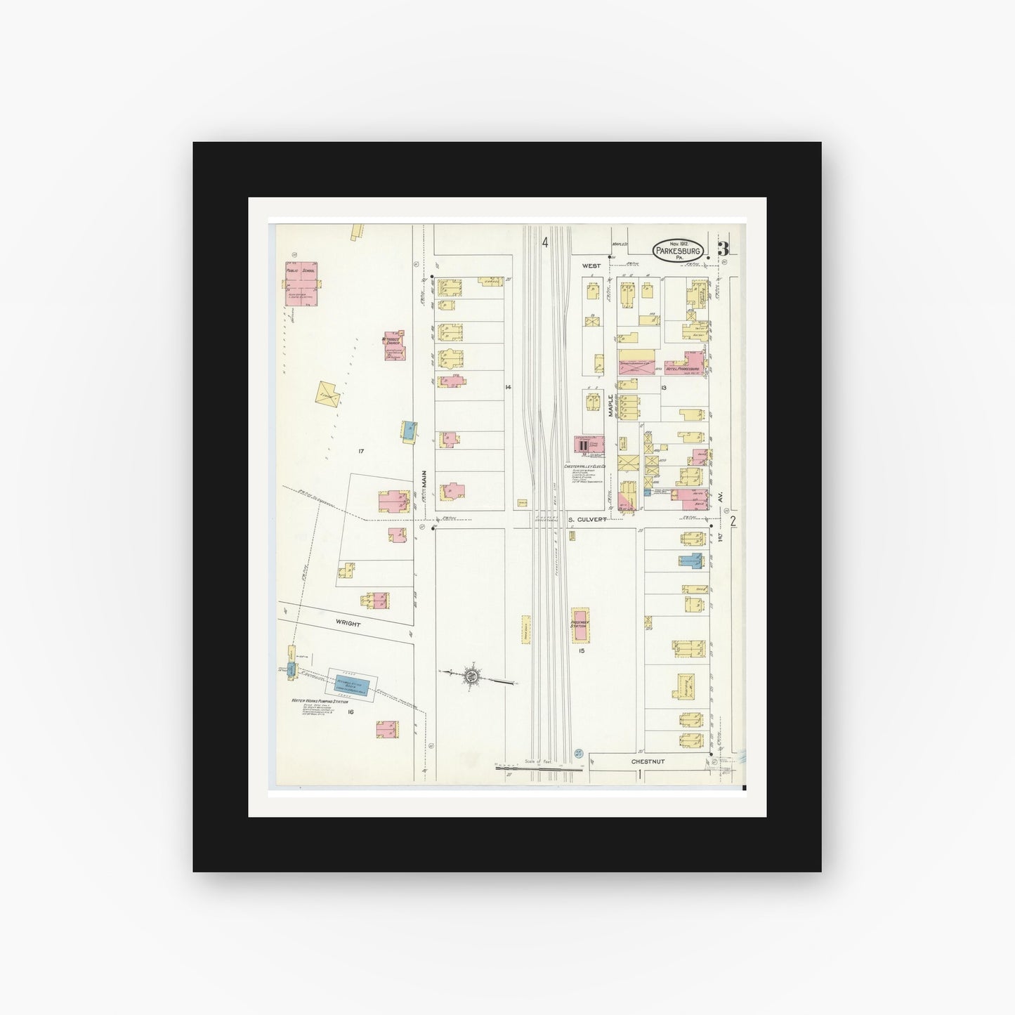 Old map wall art mockup — black gallery frame with white mat — Sanborn Fire Insurance Map from Parkesburg, Chester County, Pennsylvania (1912), Sheet #0003