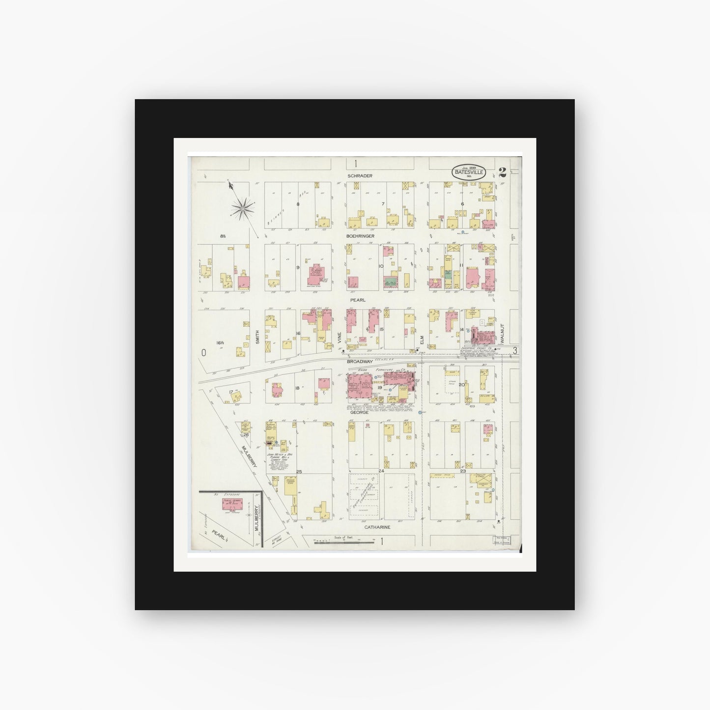 Old map wall art mockup — black gallery frame with white mat — Sanborn Fire Insurance Map from Batesville, Ripley County, Indiana (1899), Sheet #0002