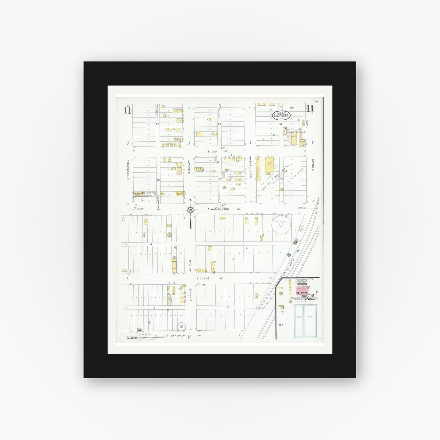 Old map wall art mockup — black gallery frame with white mat — Sanborn Fire Insurance Map from Borger, Hutchinson County, Texas (1928), Sheet #0011