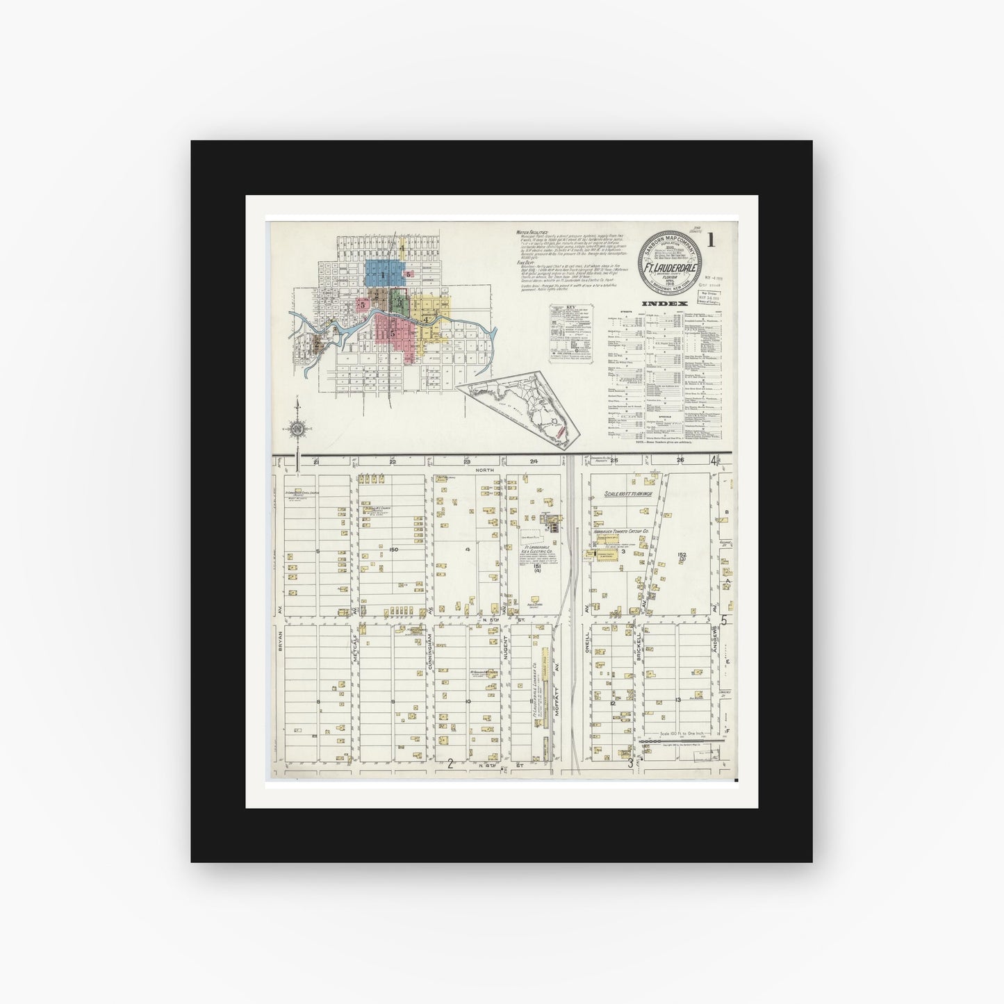 Old map wall art mockup — black gallery frame with white mat — Sanborn Fire Insurance Map from Fort Lauderdale, Broward County, Florida (1918) - Complete Map Set