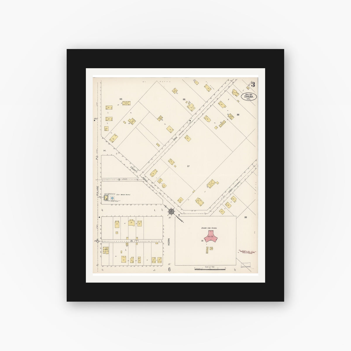 Old map wall art mockup — black gallery frame with white mat — Sanborn Fire Insurance Map from Dinuba, Tulare County, California (1912), Sheet #0003
