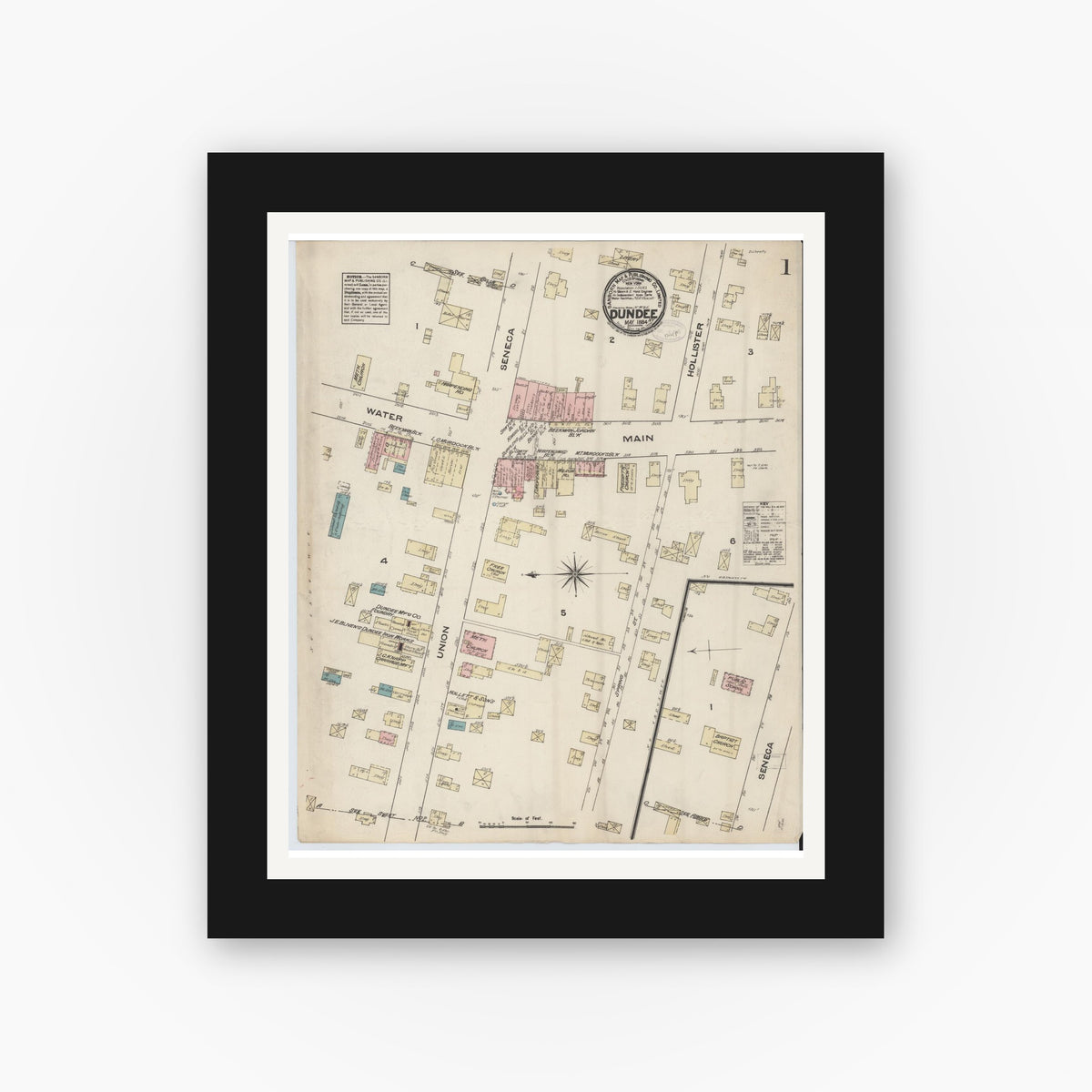 Old map wall art mockup — black gallery frame with white mat — Sanborn Fire Insurance Map from Dundee, Yates County, New York (1884), Sheet #0001
