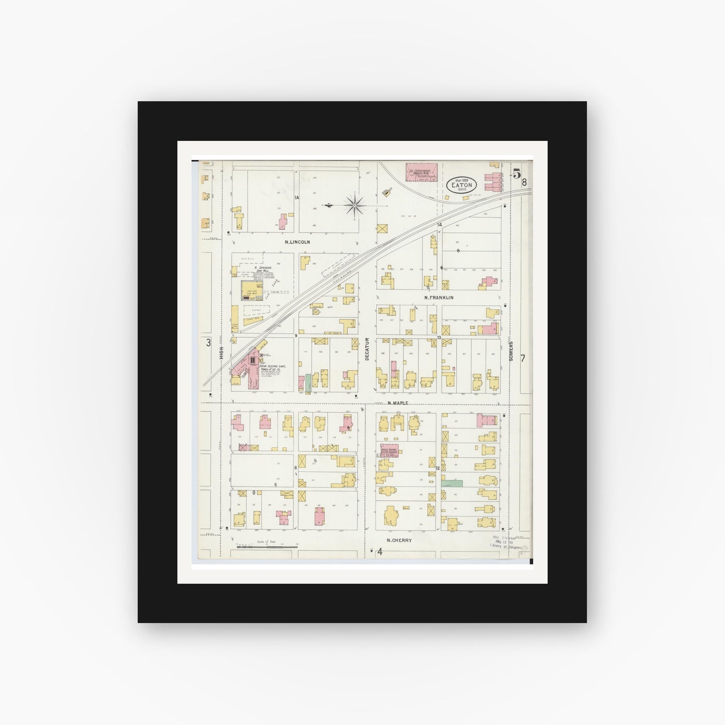 Old map wall art mockup — black gallery frame with white mat — Sanborn Fire Insurance Map from Eaton, Preble County, Ohio (1899), Sheet #0005