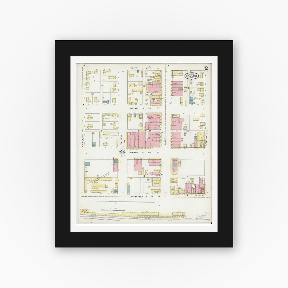 Old map wall art mockup — black gallery frame with white mat — Sanborn Fire Insurance Map from Taylor, Williamson County, Texas (1893), Sheet #0002